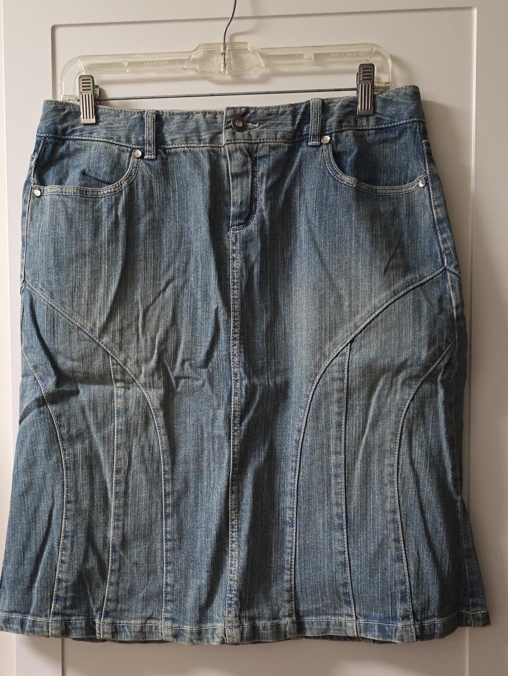 B. Street Classic Blue Denim A-Line Skirt with Curved Paneling Size 6